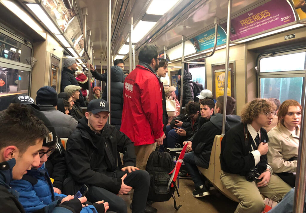 Student group in a subway car